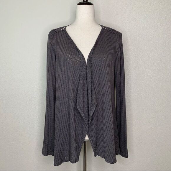Knox Rose Boho Crochet Back Gray Open Front Cardigan - Picture 1 of 12